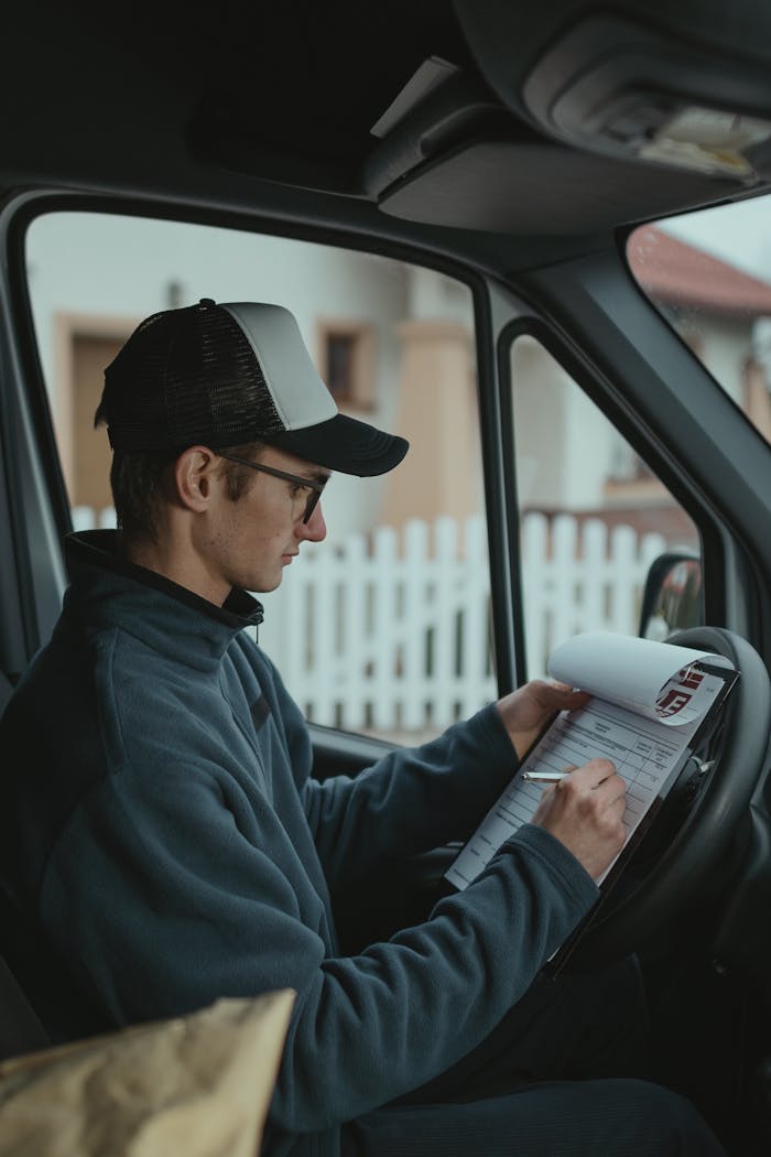 Courier sitting in vehicle writing on clipboard, focused on logistics tasks.